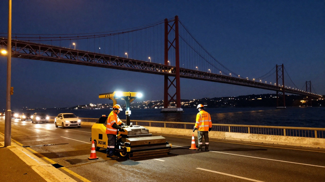 Operários de obras a reparar estrada junto ao rio, com ponte iluminada ao fundo durante a noite.