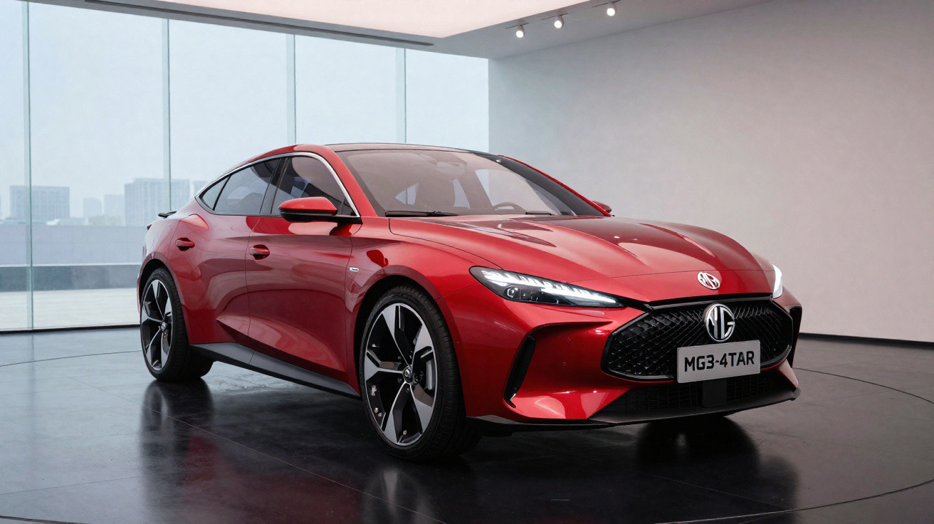 Carro desportivo vermelho MG3-4TAR com design moderno exibido num salão minimalista.
