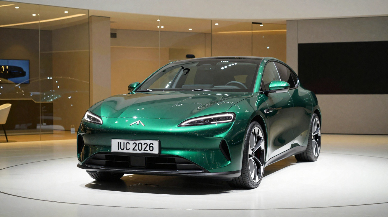 Carro elétrico desportivo verde exibido em showroom moderno com iluminação focada no veículo.
