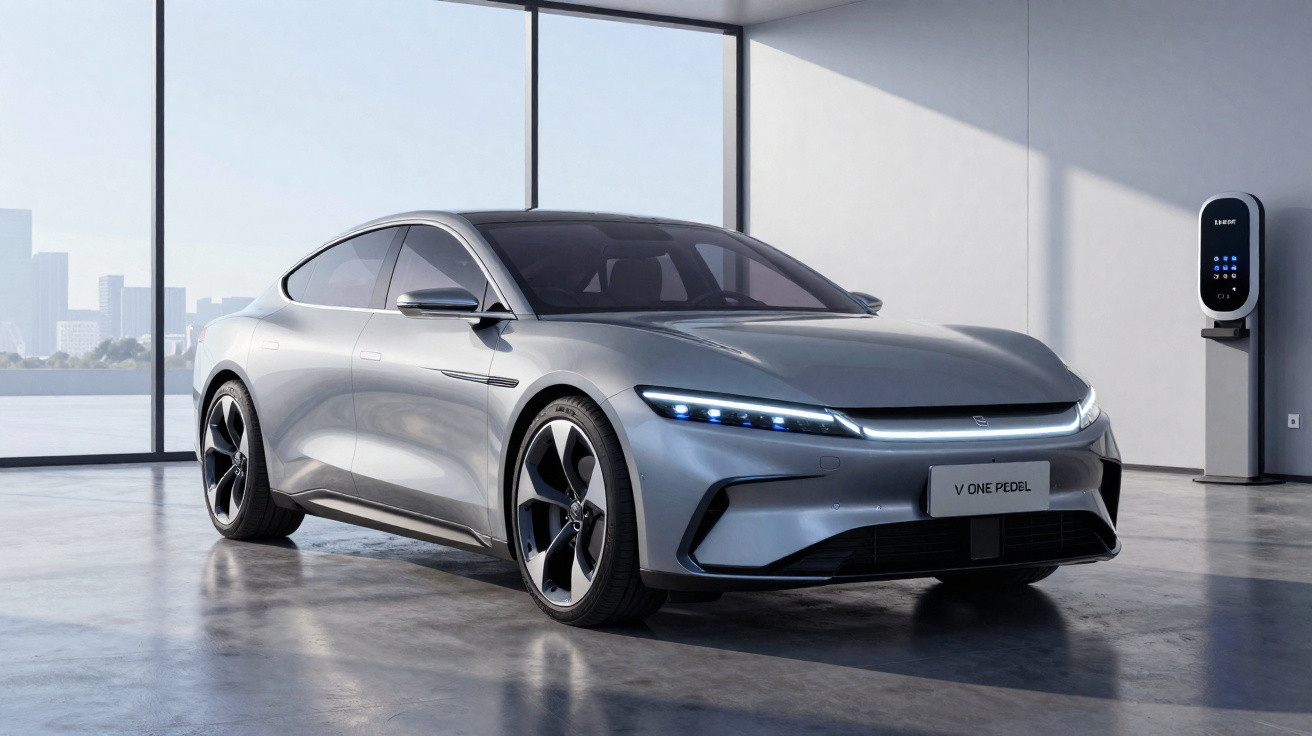 Carro elétrico cinza brilhante estacionado em garagem com carregador montado na parede e luz natural.
