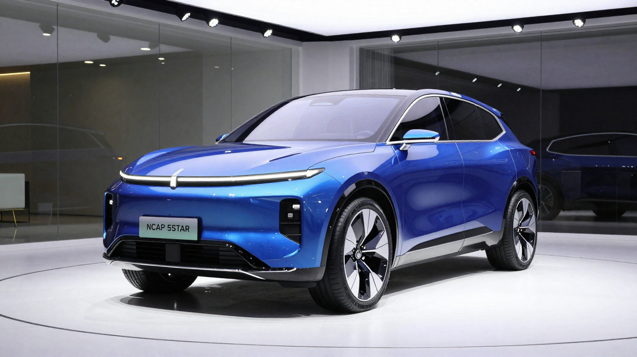 Carro elétrico azul brilhante com design futurista exposto em salão automóvel moderno.