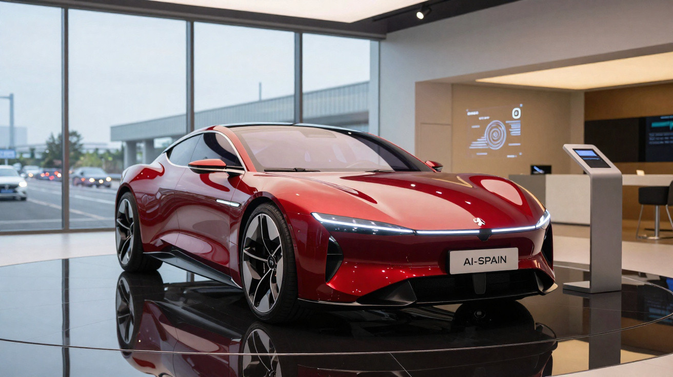 Carro elétrica desportivo vermelho brilhante exibido em salão moderno com grandes janelas e informação digital.