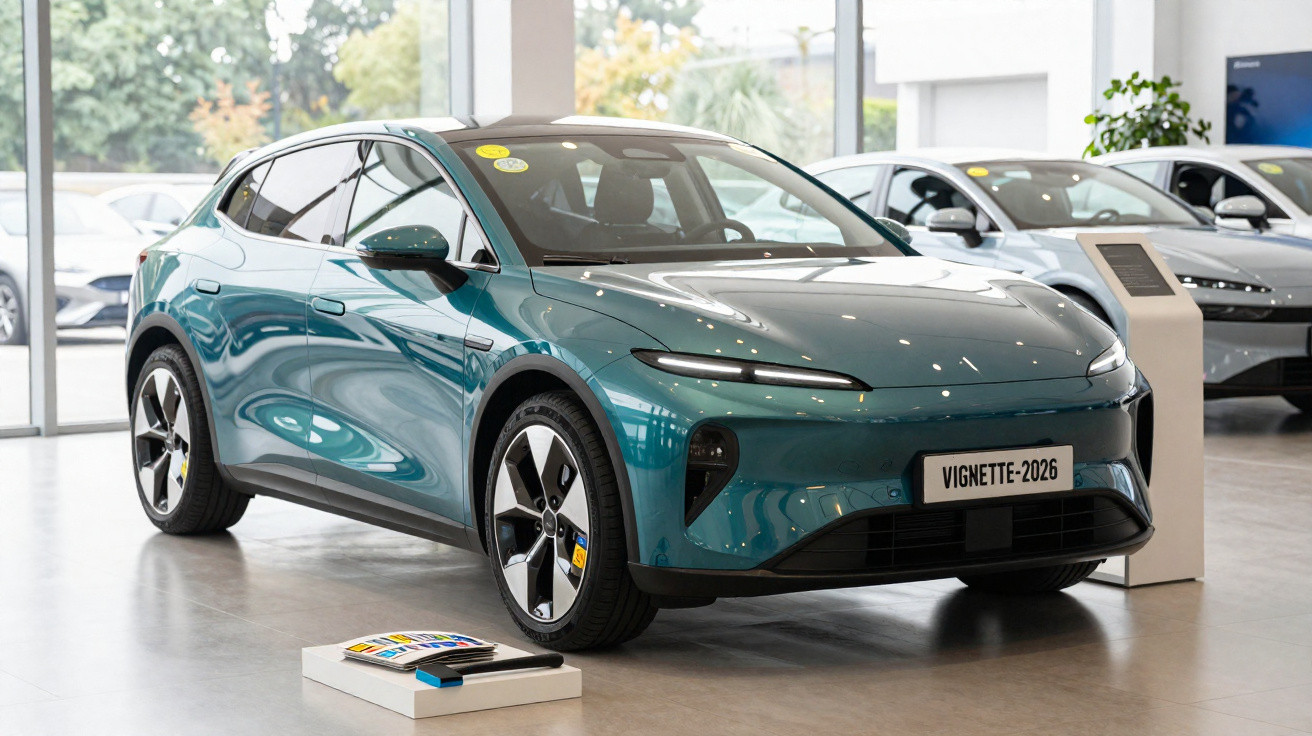 Carro elétrico moderno azul esverdeado exibido em salão de automóveis com luz natural ampla.