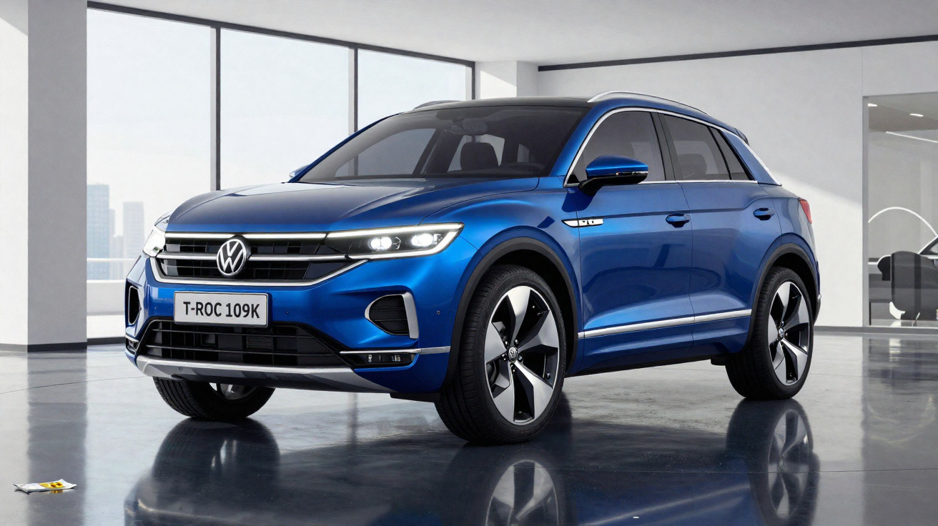 Volkswagen T-Roc azul estacionado em espaço interior moderno e luminoso com janelas amplas.