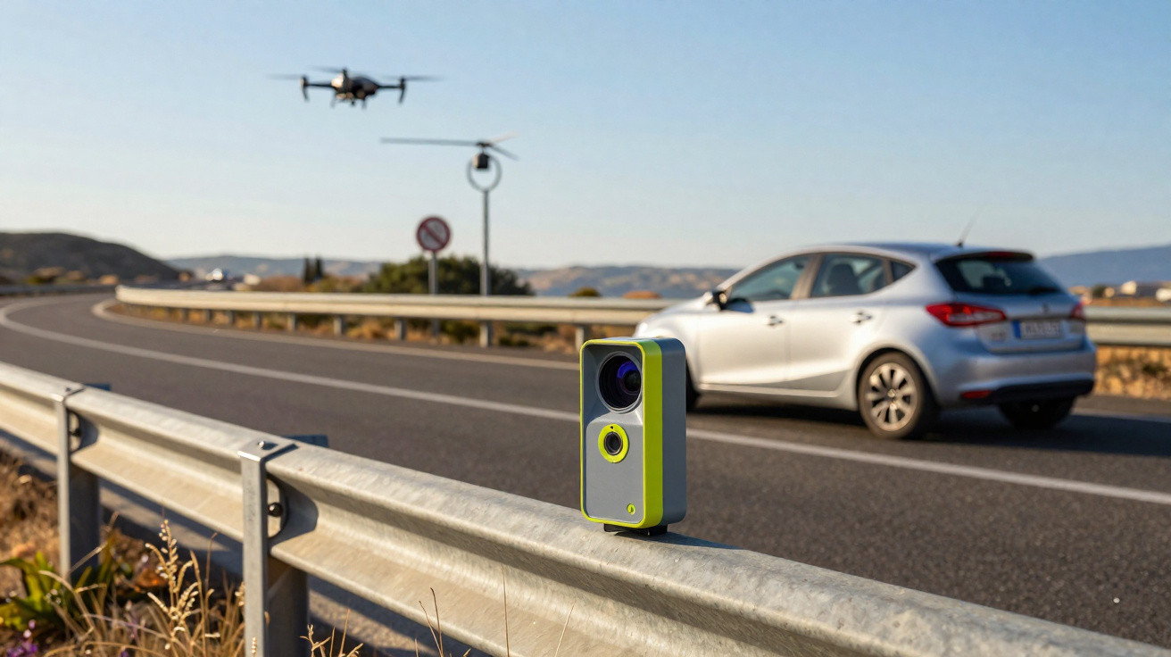 Radar de controlo de velocidade na berma de estrada com carro e drone em fundo desfocado.