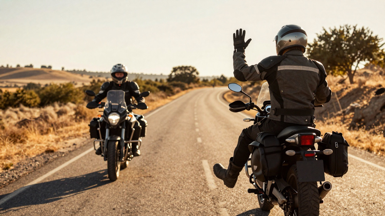 Dois motociclistas com equipamento de proteção numa estrada rural, um acenando ao outro.