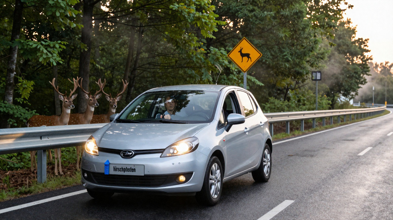 Carro cinzento parado numa estrada com cervos ao lado e placa de aviso de animais na floresta.