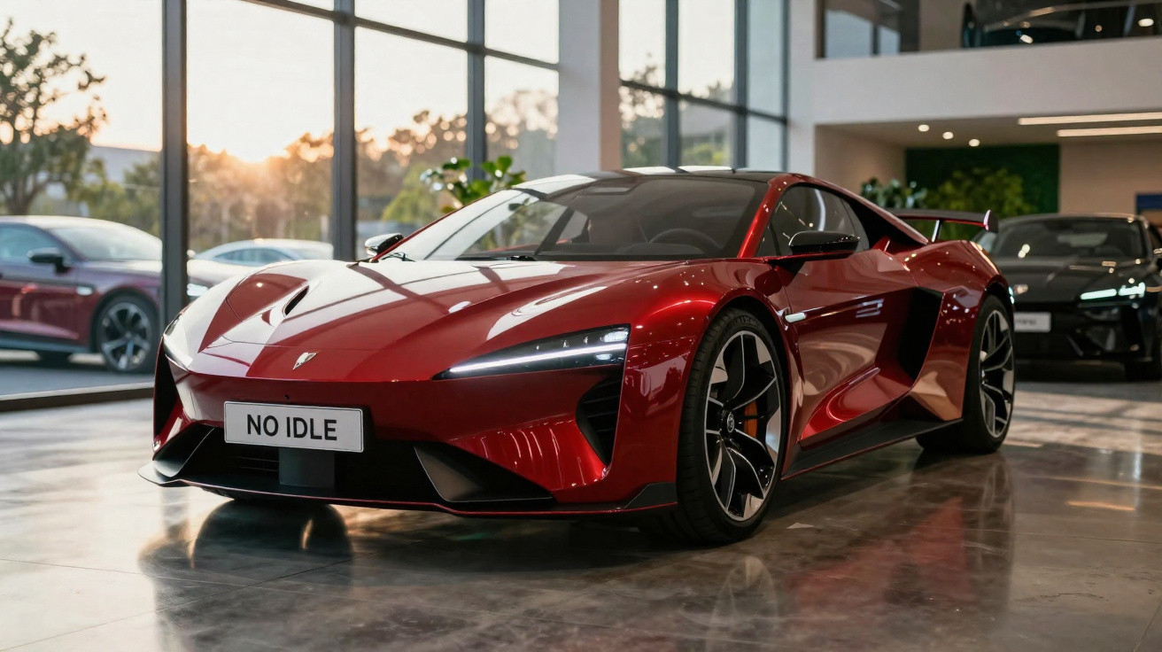 Carro desportivo vermelho estacionado em salão moderno com janelas grandes e luz natural.