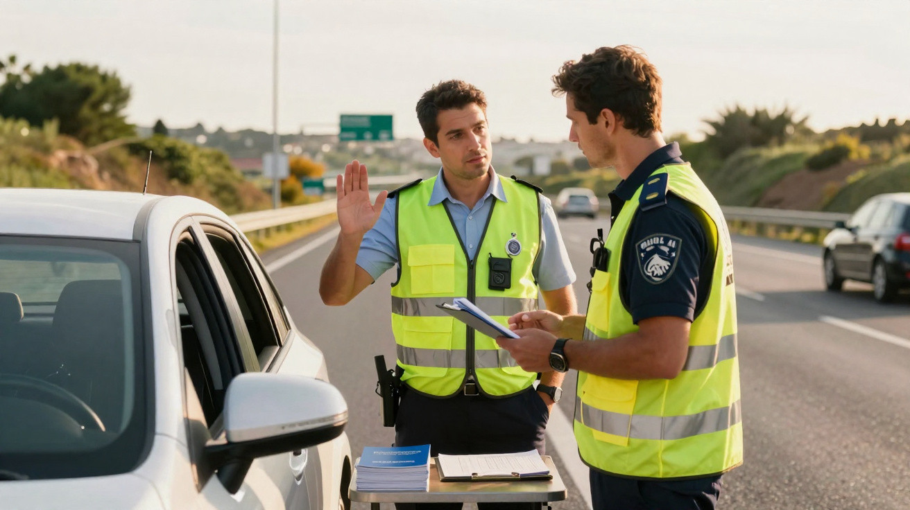 Dois agentes de polícia com coletes refletores a falar com condutor num carro branco na estrada.