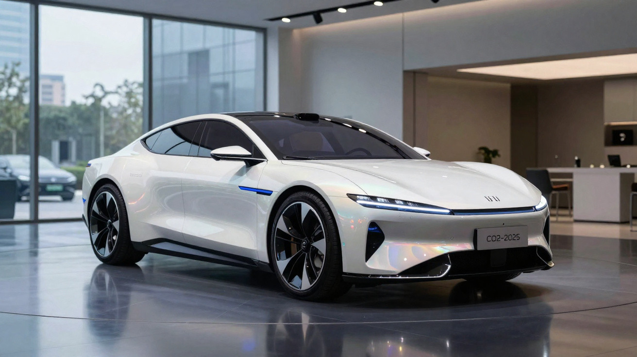 Carro elétrico desportivo branco, futurista, em exposição num espaço interior moderno com grandes janelas.