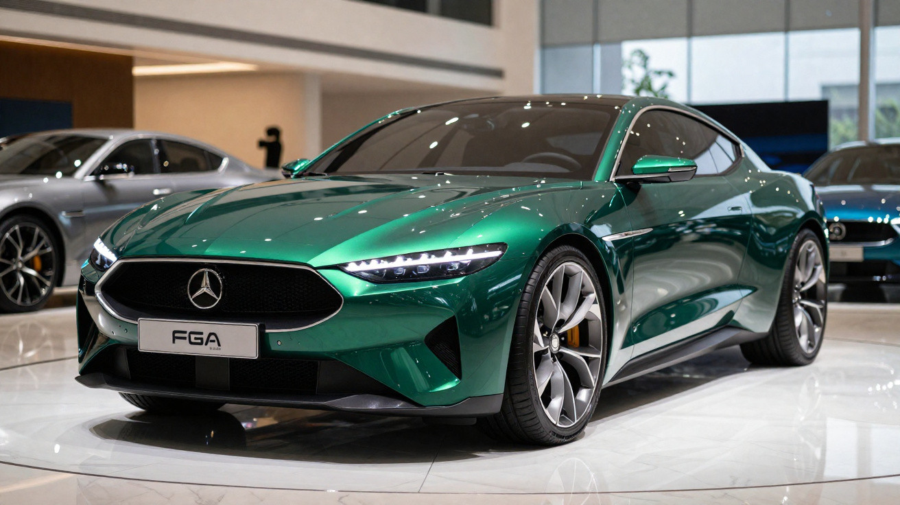 Carro desportivo Mercedes-Benz verde metálico com design moderno e faróis LED em exposição interior.