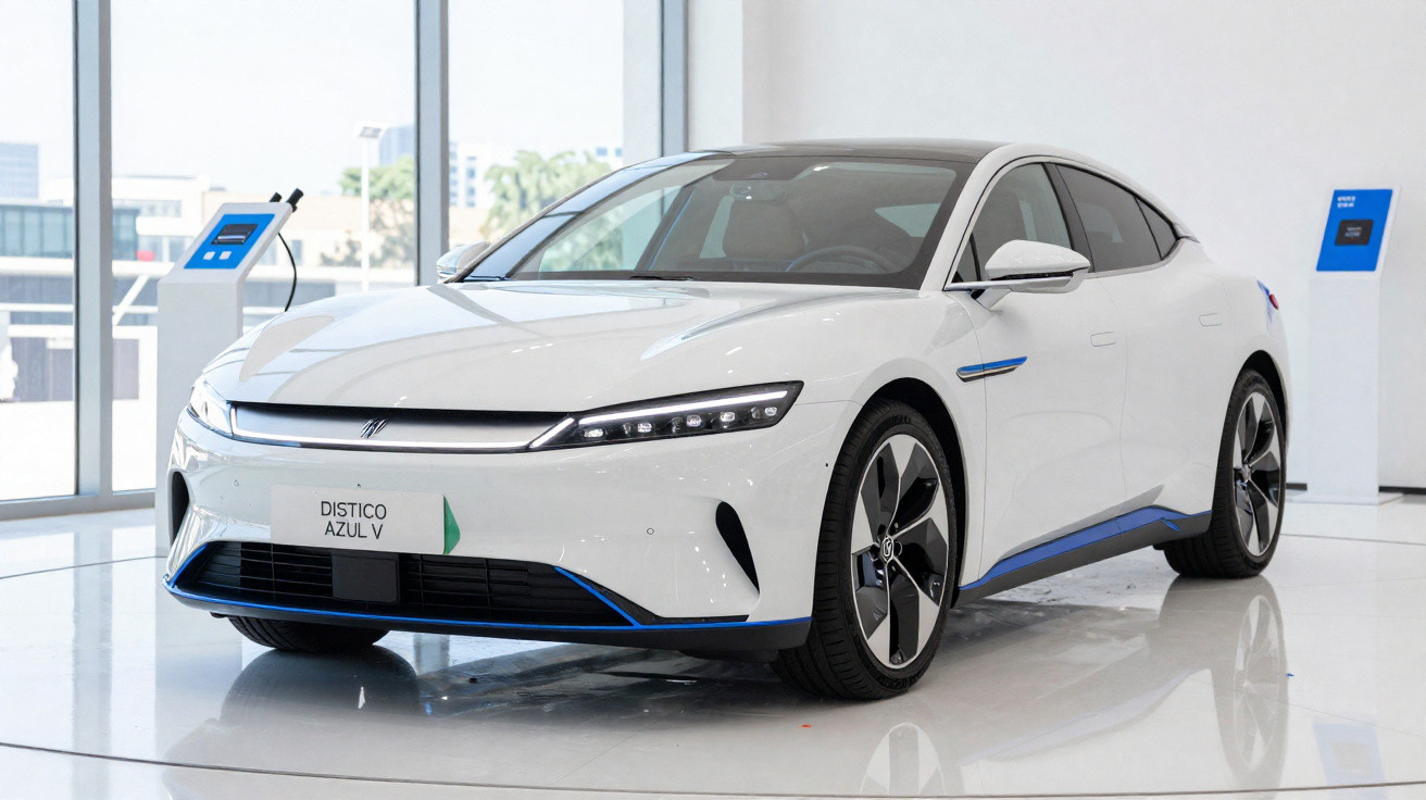 Carro elétrico branco futurista exibido numa sala de exposição moderna com chão espelhado e janelas grandes.