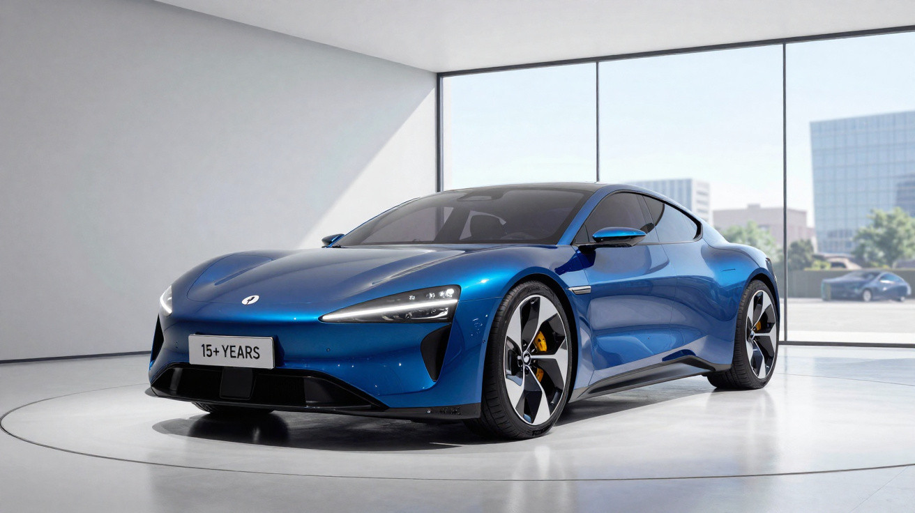 Carro desportivo elétrico azul metálico numa sala de exposição moderna com grandes janelas panorâmicas.