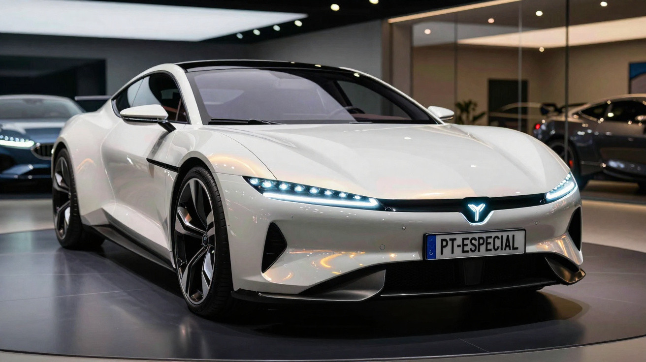 Carro desportivo elétrico branco exposto em showroom sofisticado com iluminação moderna e fundo espelhado.