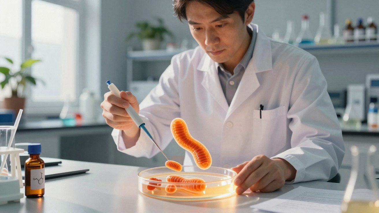 Cientista em laboratório a trabalhar com bactérias laranjas em placa de Petri usando pipeta.