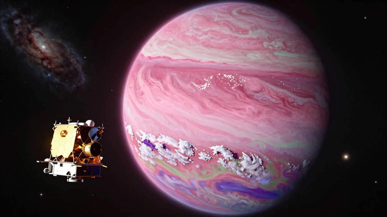Sonda espacial próxima a um planeta gigante rosa com nuvens brancas e padrões coloridos no espaço.
