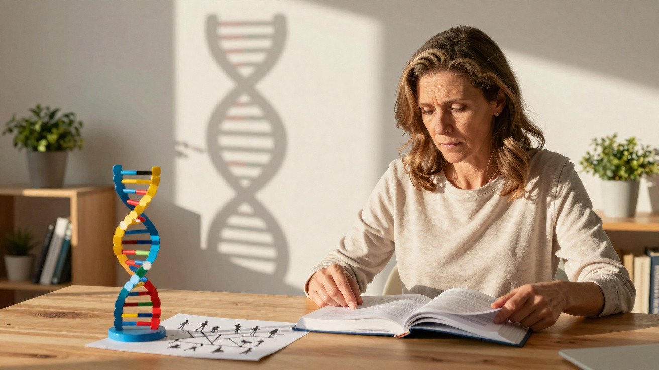 Mulher sentada a ler livro com modelo de DNA e sombras em forma de dupla hélice na parede atrás.