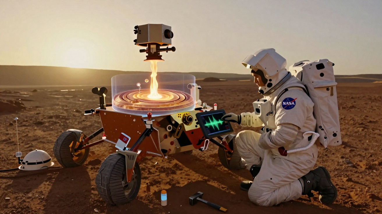 Astronauta da NASA kneeling by a rover on a rocky Mars surface with holographic projection at sunset.
