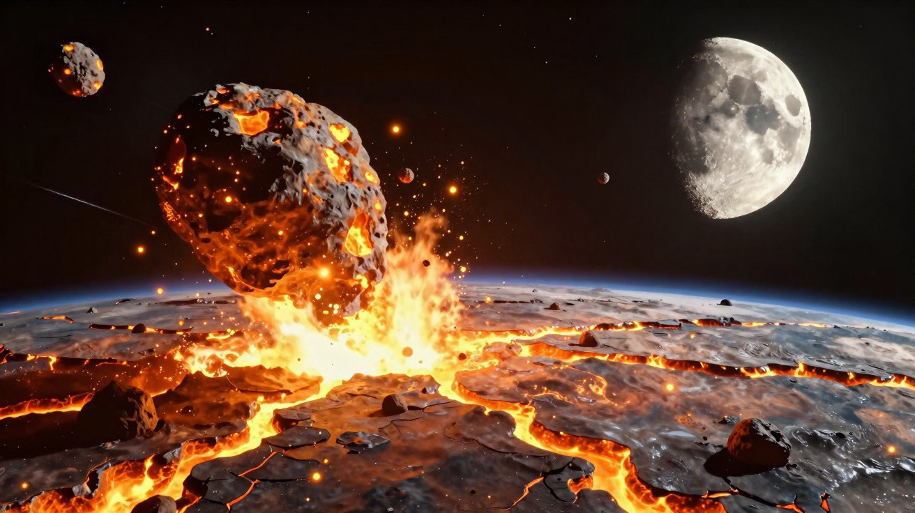 Meteorito em erupção incandescente colide com a superfície da Terra com a lua visível ao fundo.