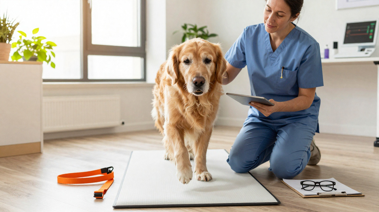 Veterinária a avaliar cão golden retriever saudável numa clínica, usando tablet e fita métrica.