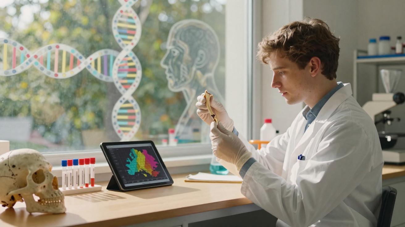 Cientista examina fragmento ósseo num laboratório com crânio, tubo de ensaios e tablet a mostrar dados coloridos.