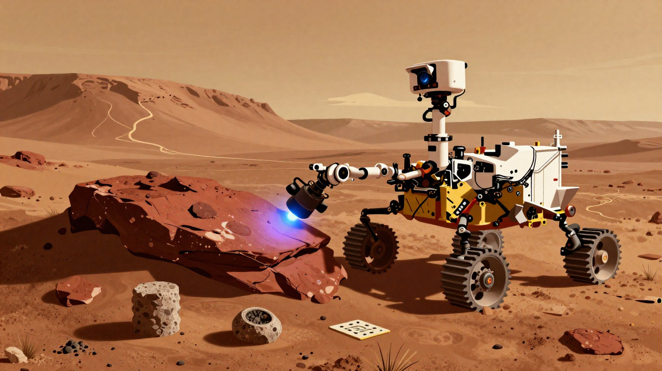 Rover exploratório a examinar uma rocha no solo árido de Marte com colinas ao fundo.