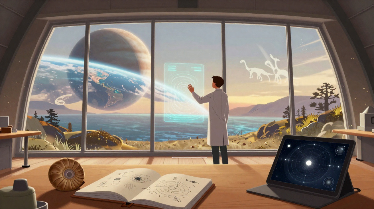 Cientista observa projeções holográficas de planetas e dinossauros numa paisagem futurista e natural.