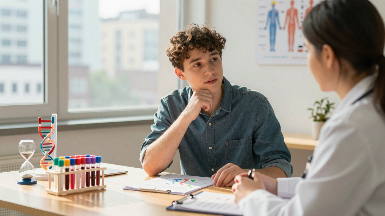 Jovem conversa com médica num consultório com amostras de sangue e modelo de ADN na mesa.