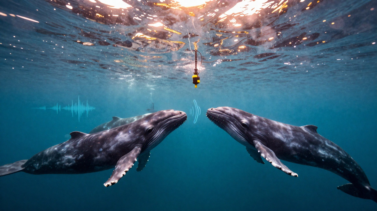Duas baleias jubarte comunicando-se debaixo de água perto de um microfone submarino.