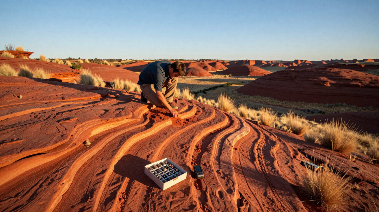 Homem coleta amostras geológicas em formações rochosas onduladas avermelhadas num deserto ao pôr do sol.