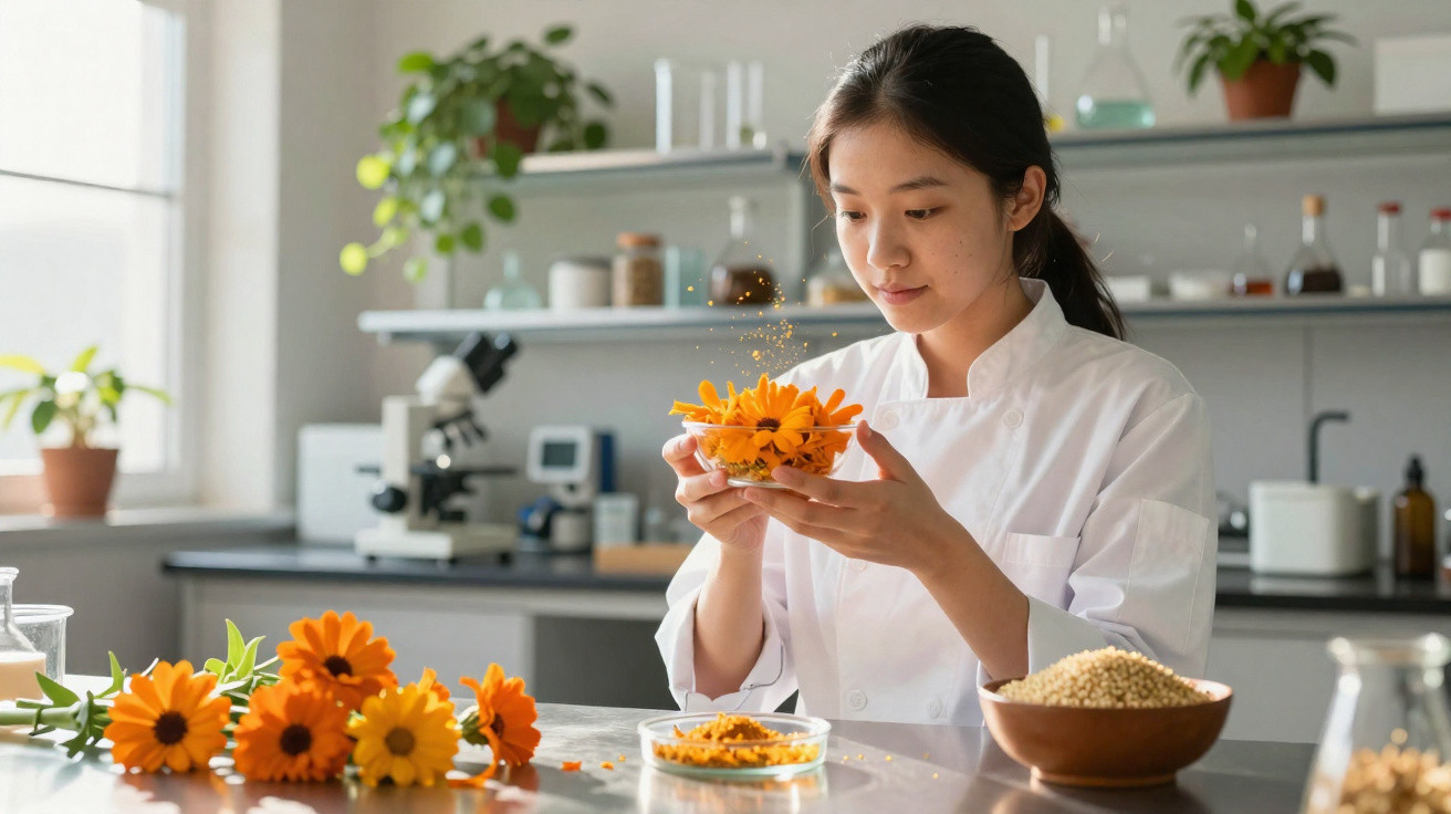 Mulher em laboratório a segurar flores laranja, vestindo jaleco branco, com equipamento científico ao fundo.