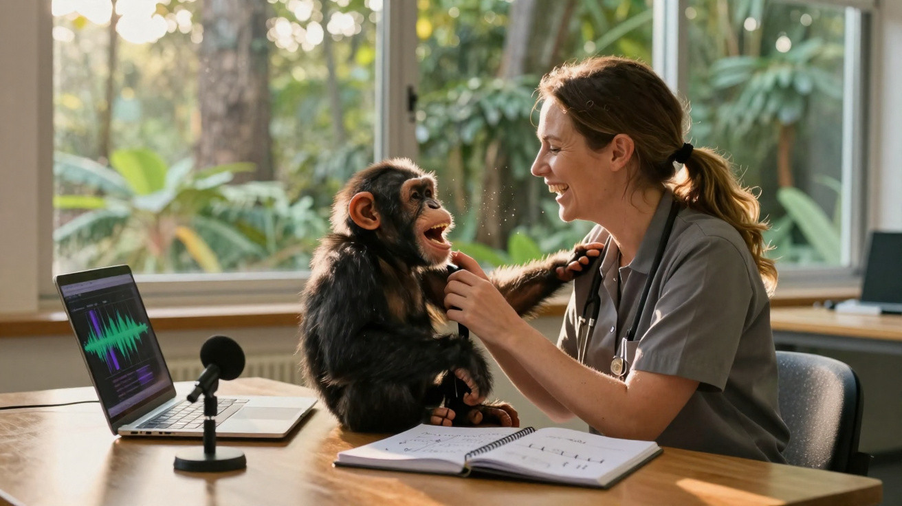 Veterinária sorridente examina chimpanzé jovem num consultório com laptop e microfone numa mesa.