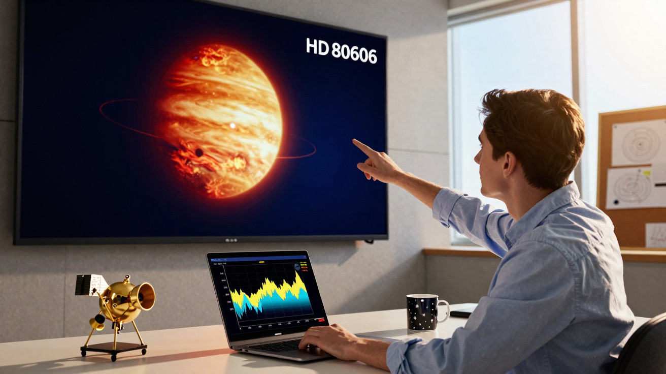 Homem sentado em escritório aponta para ecrã com imagem de planeta HD 80606 e dados no portátil à sua frente.