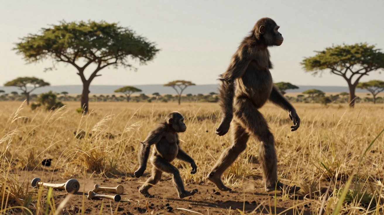 Dois babuínos a caminhar lado a lado numa savana com árvores dispersas ao fundo.
