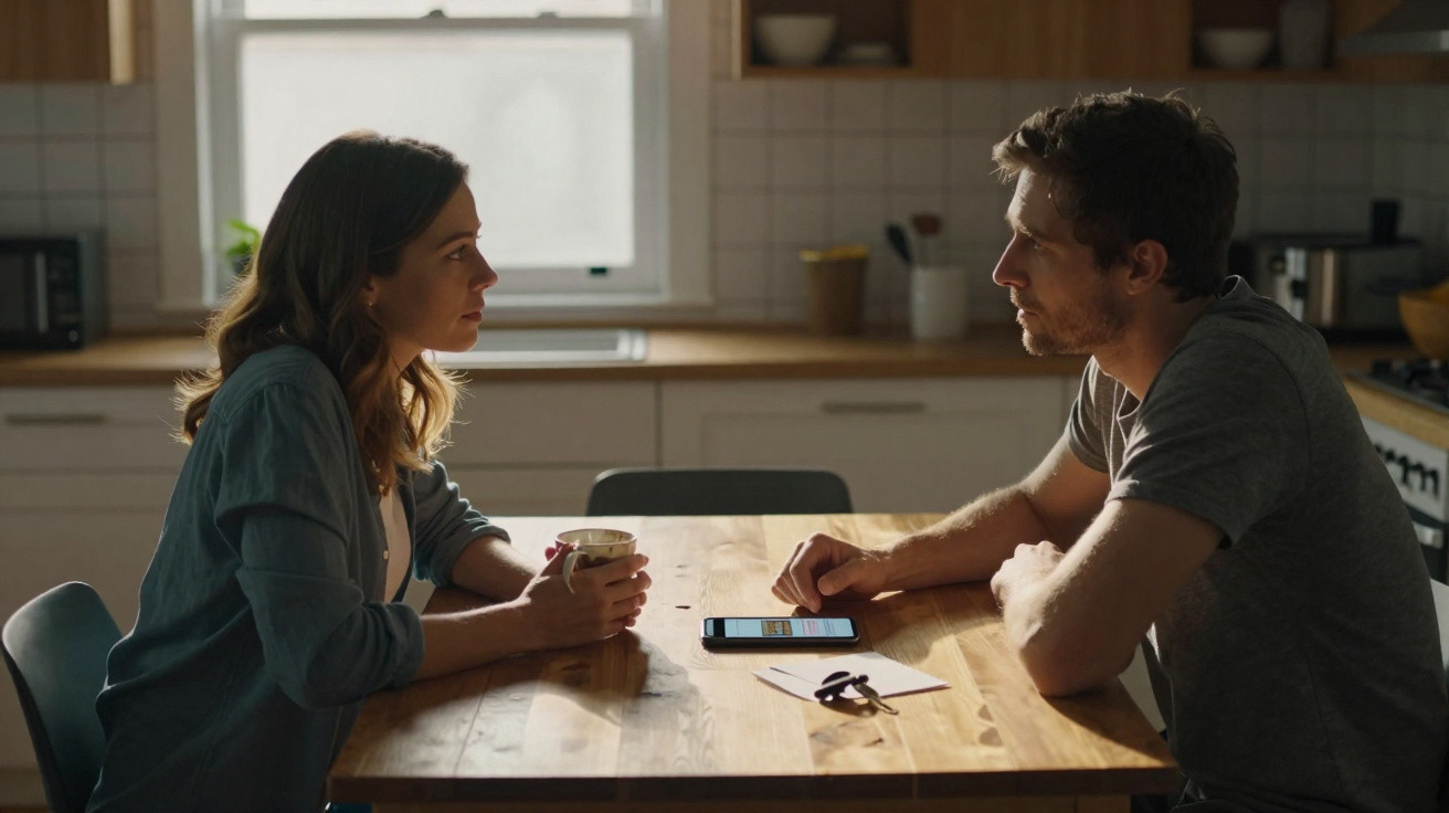 Homem e mulher sentados numa cozinha, conversando à mesa com telemóvel e chaves à frente.
