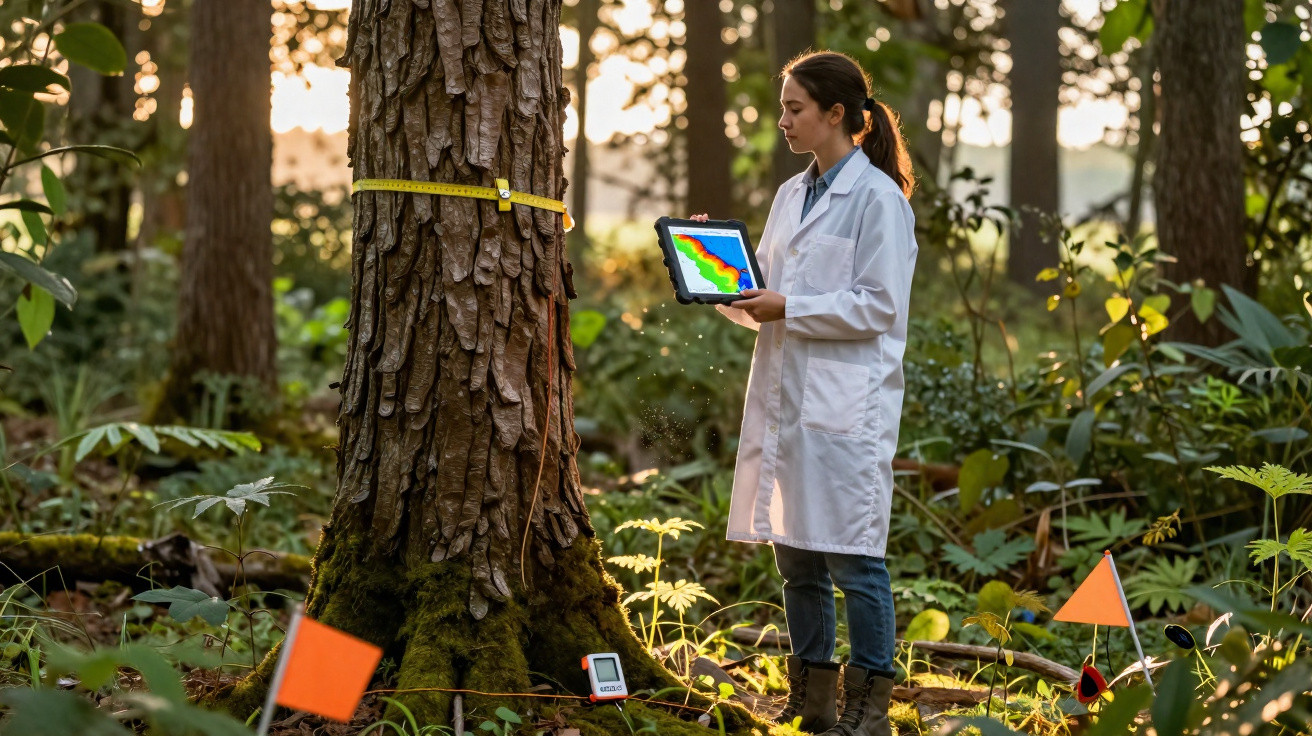 Mulher em bata branca mede árvore com fita métrica e usa tablet numa floresta.
