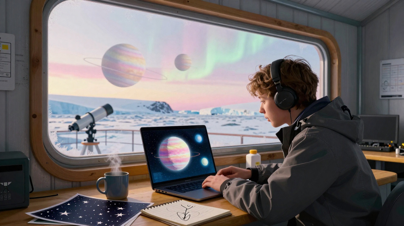 Jovem com auscultadores num escritório perto de um telescópio, observando planetas gigantes visíveis pela janela.