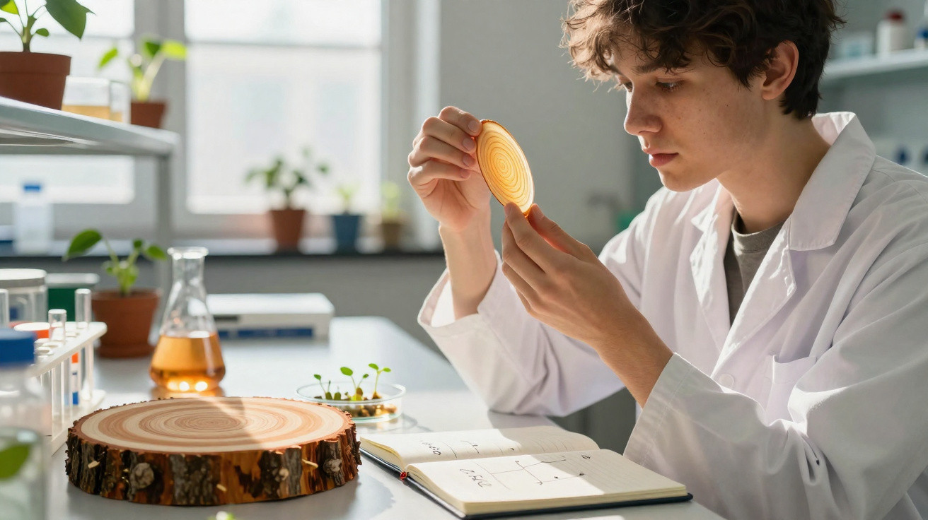 Jovem cientista analisa secção transversal de tronco de árvore num laboratório luminoso com plantas.