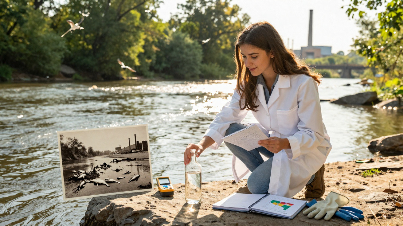 Mulher cientista recolhe amostra de água num rio, com equipamento e foto histórica de poluição ao lado.