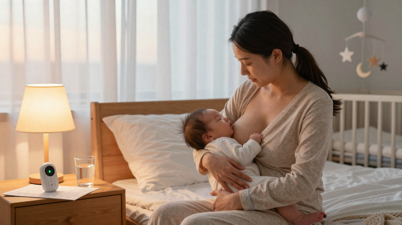 Mãe a amamentar o bebé sentada na cama num quarto com berço e luz suave à tarde.