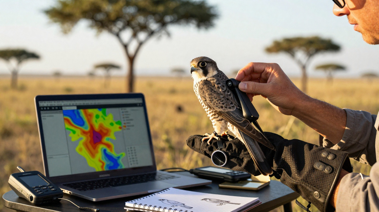 Pessoa a inserir dispositivo num falcão, junto a computador com mapas coloridos ao ar livre numa savana.