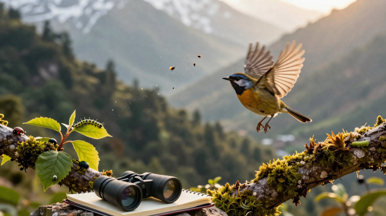 Pássaro em voo sobre ramo com musgo, binóculos e caderno, montanhas desfocadas ao fundo ao pôr do sol.