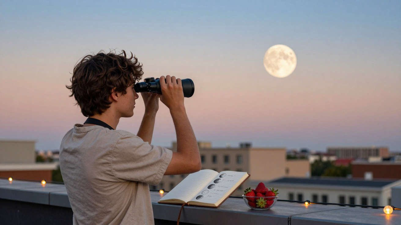 Jovem observa a lua ao entardecer com binóculos, com livro e morangos numa varanda.