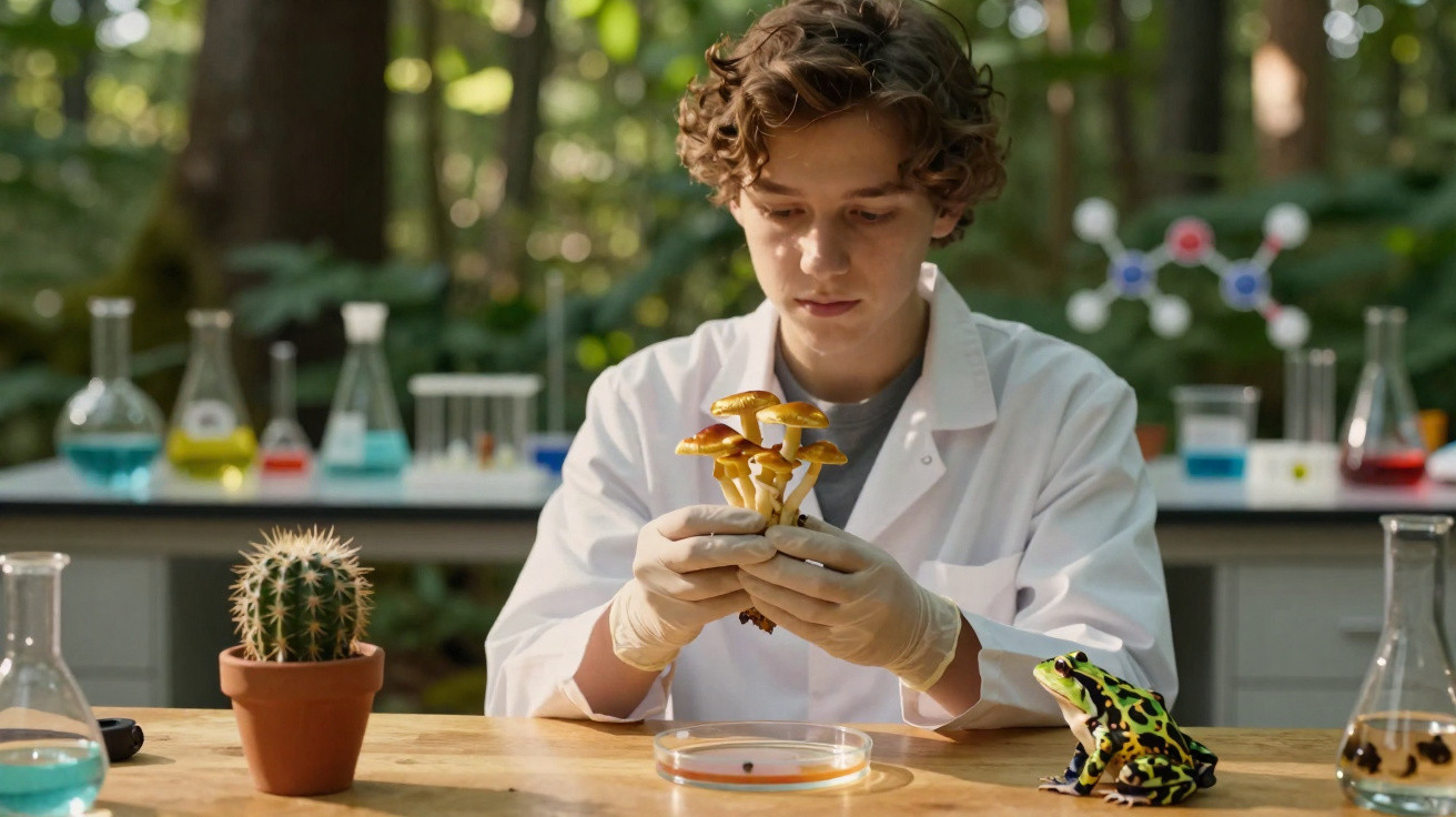 Jovem cientista analisa cogumelos em laboratório ao ar livre com cacto e rã colorida na mesa.