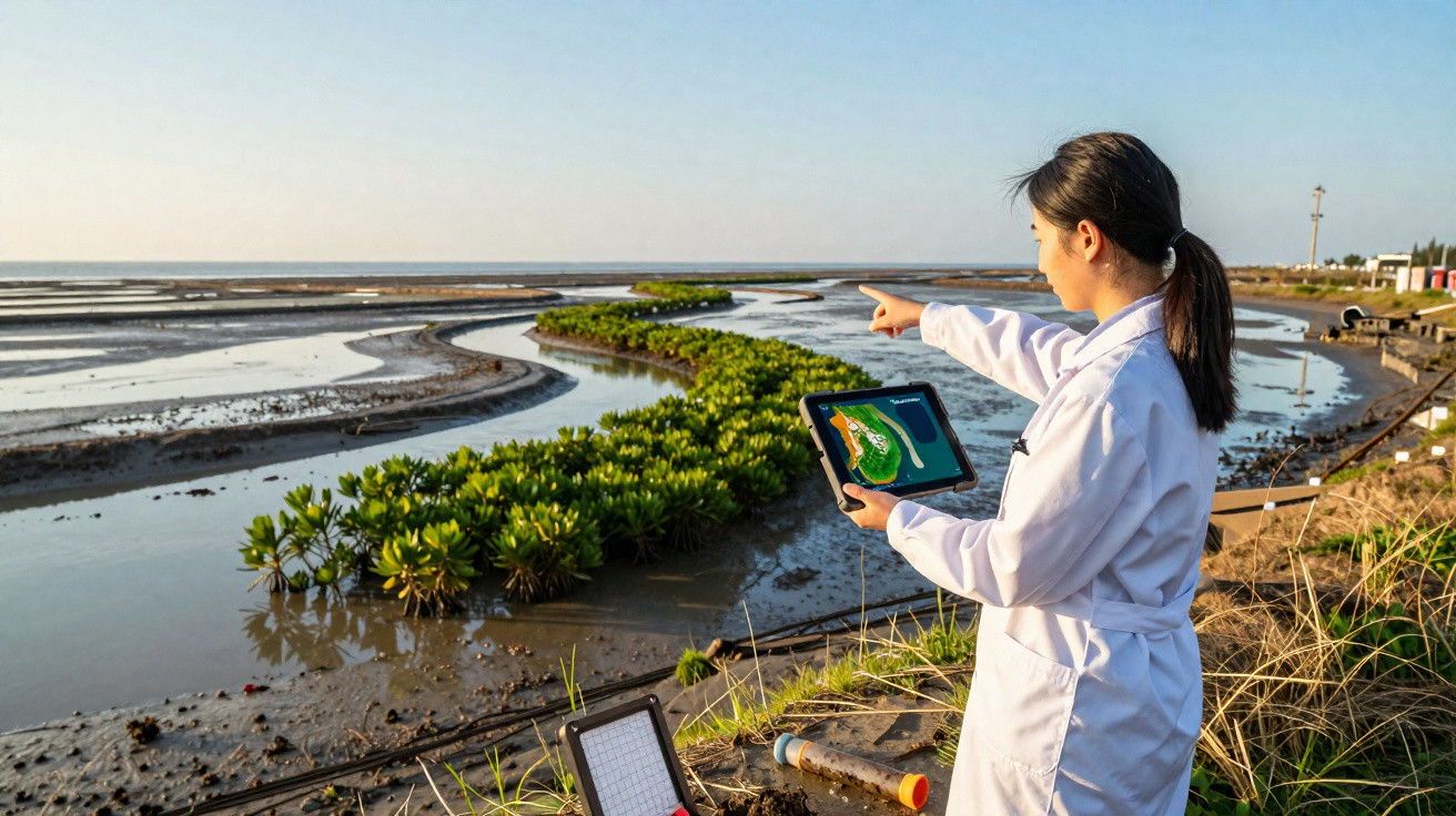 Mulher em bata branca usa tablet para analisar zona húmida com plantas e cursos de água perto do mar.
