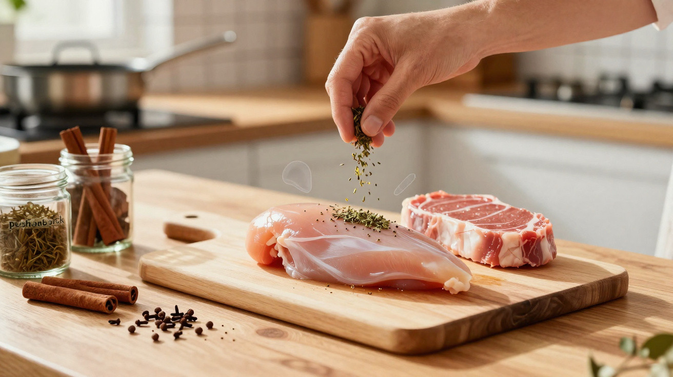 Mão temperando pedaço de frango cru com ervas numa tábua de cortar junto a um bife de carne vermelha.