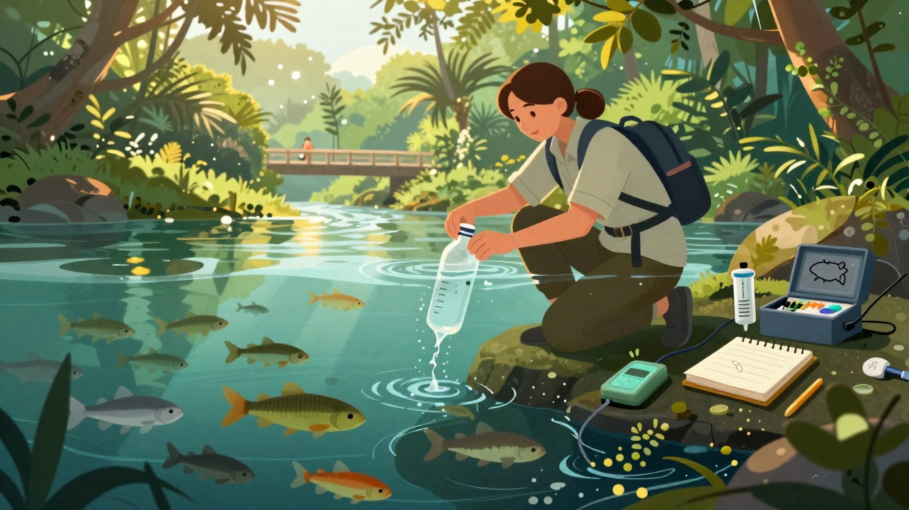 Investigadora recolhe amostra de água num rio rodeado por vegetação densa e peixes coloridos.