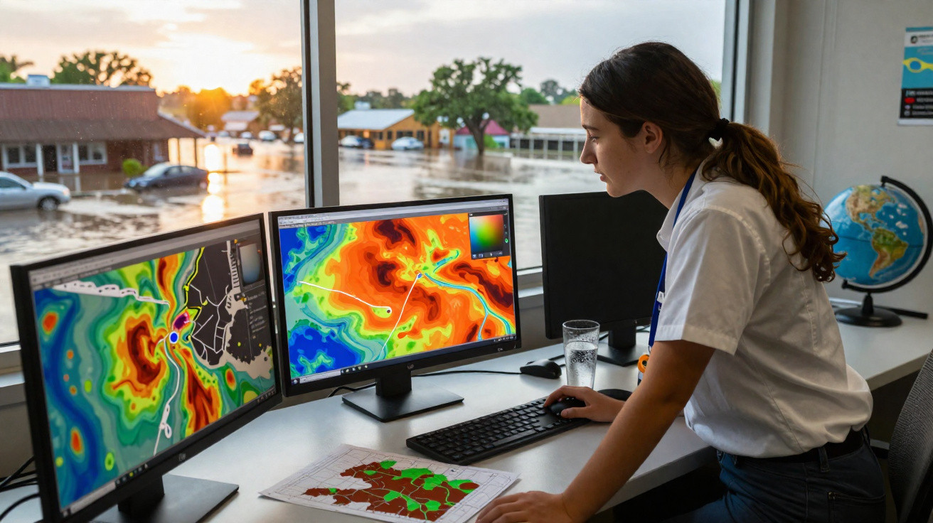 Mulher analisa mapas meteorológicos em ecrãs com janela mostrando enchente ao fundo.