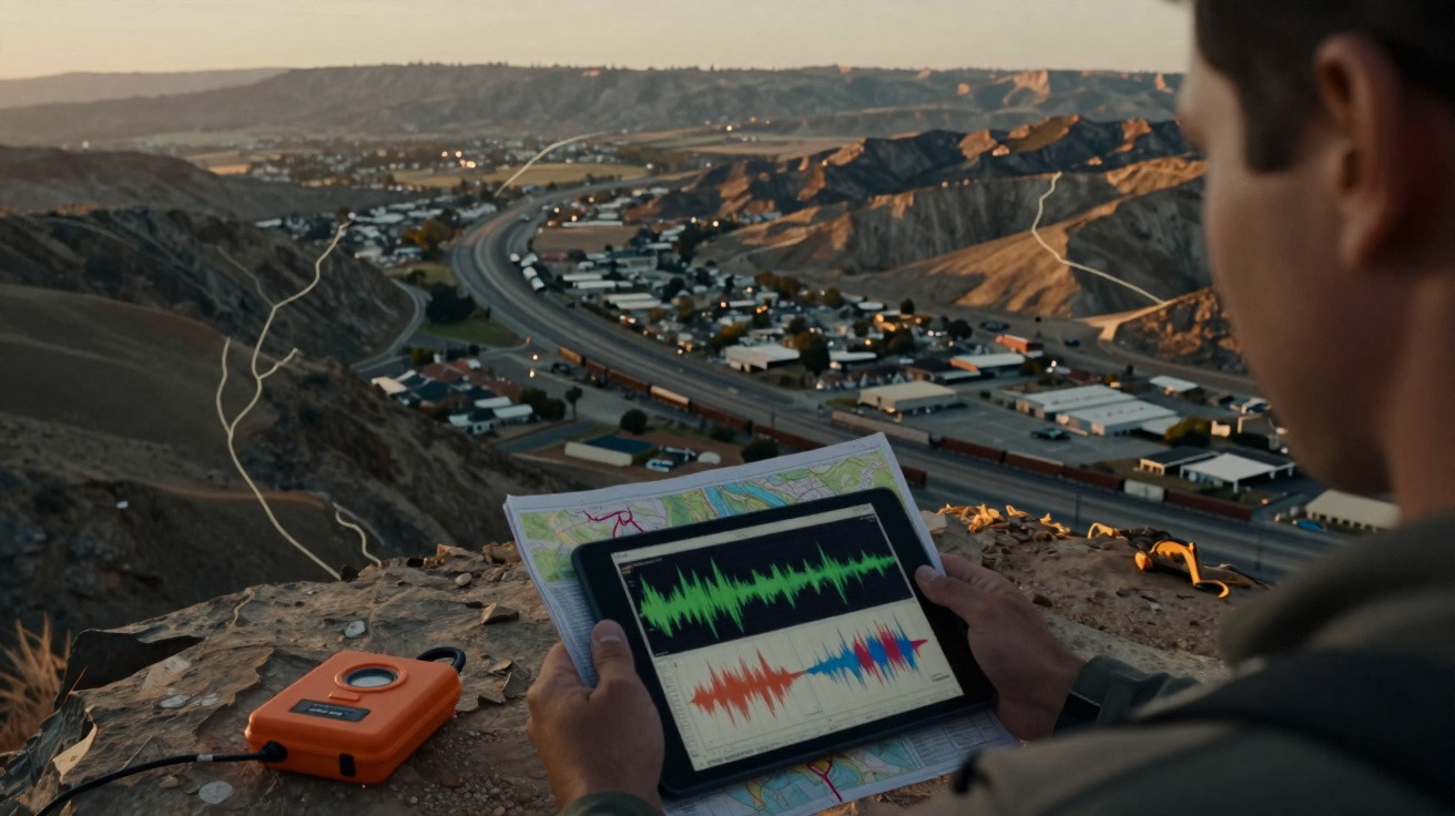 Pessoa com tablet e mapa a monitorizar dados sísmicos numa colina com vista para uma estrada e cidade ao pôr do sol.