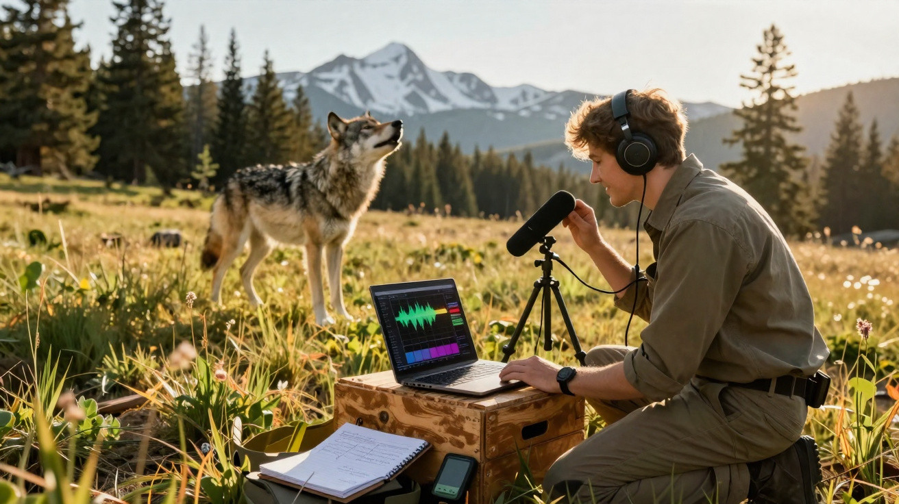 Homem gravando sons de um lobo selvagem numa clareira com montanhas e árvores ao fundo.